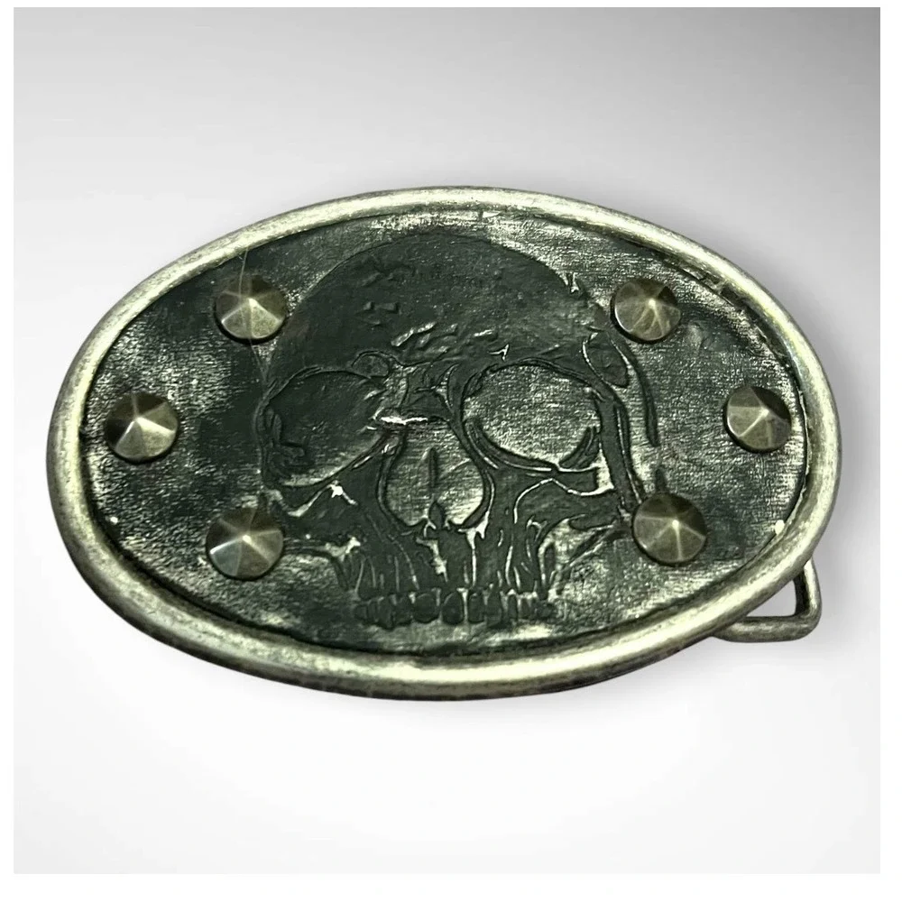 VINTAGE‎ RARE Unisex Studded Leather Skull Metal Belt Buckle | EUC